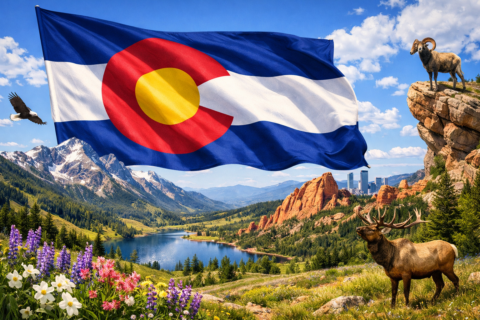 Hyperrealistic 4K image of the Colorado state flag flowing prominently in the wind, enlarged and set against a bright landscape of the Rocky Mountains, alpine lake, red rock formations, and wildlife including elk, bighorn sheep, and a soaring eagle.