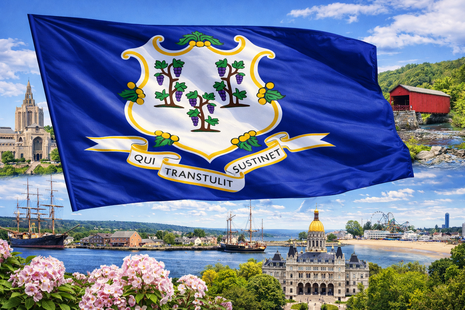 Hyperrealistic 4K image of the Connecticut state flag flowing prominently in the wind without a pole, set against a bright landscape featuring iconic Connecticut landmarks including Yale University, Mystic Seaport ships, the State Capitol, and a scenic coastal harbor.