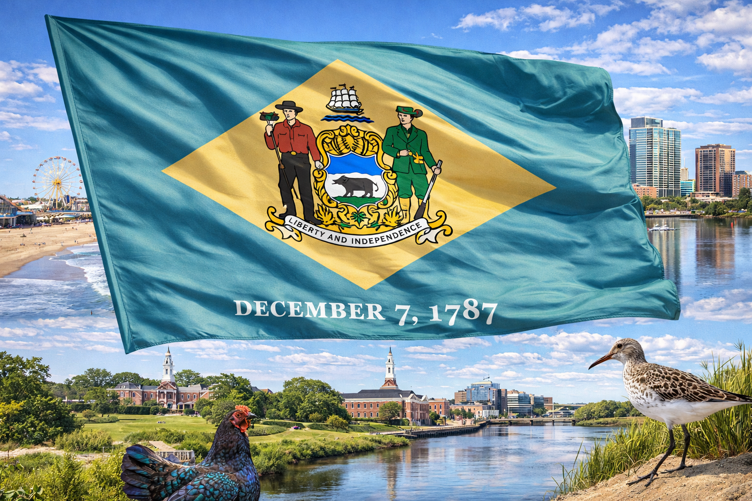 Hyperrealistic 4K image of the Delaware state flag flowing prominently in the wind without a pole, set against a bright landscape featuring Rehoboth Beach, the Wilmington skyline, and historic architecture, with native wildlife including a Delaware Blue Hen and a coastal shorebird.
