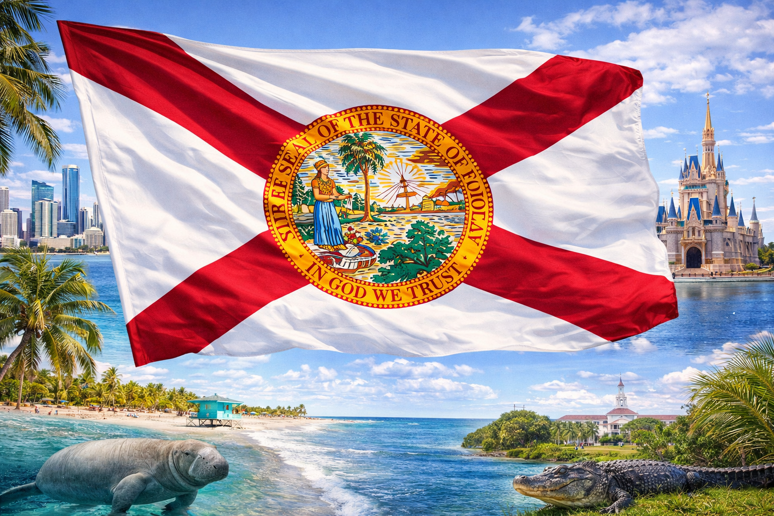 Hyperrealistic 4K image of the Florida state flag flowing prominently in the wind without a pole, set against a bright tropical landscape featuring palm-lined beaches, Miami skyline, coastal waters, and native wildlife including a manatee and an alligator.