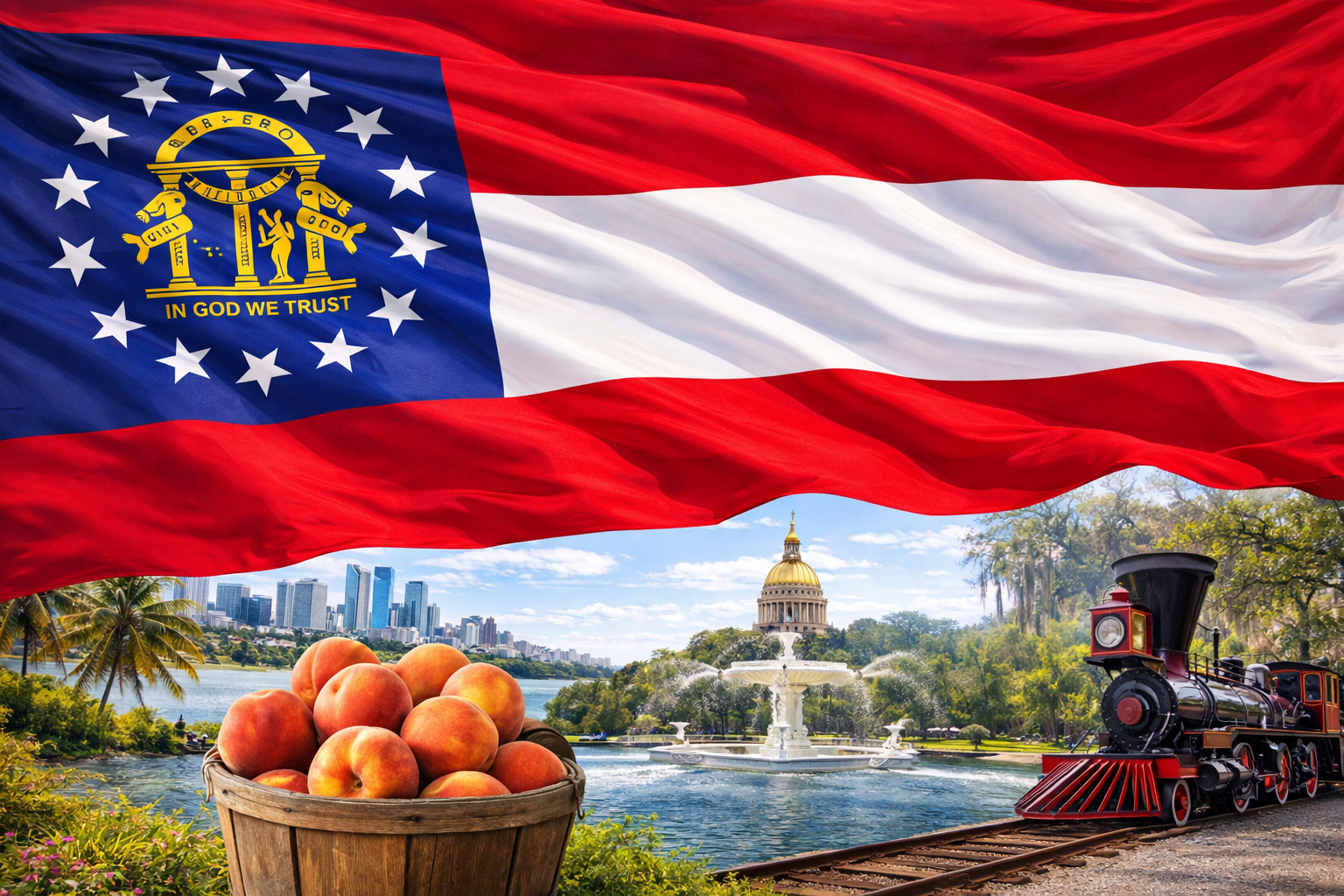 Hyperrealistic 4K image of the Georgia state flag flowing dynamically across the entire top of the frame without a pole, set against a bright landscape featuring the Atlanta skyline, the Georgia State Capitol, Forsyth Park fountain, a vintage locomotive, and a basket of peaches in the foreground.
