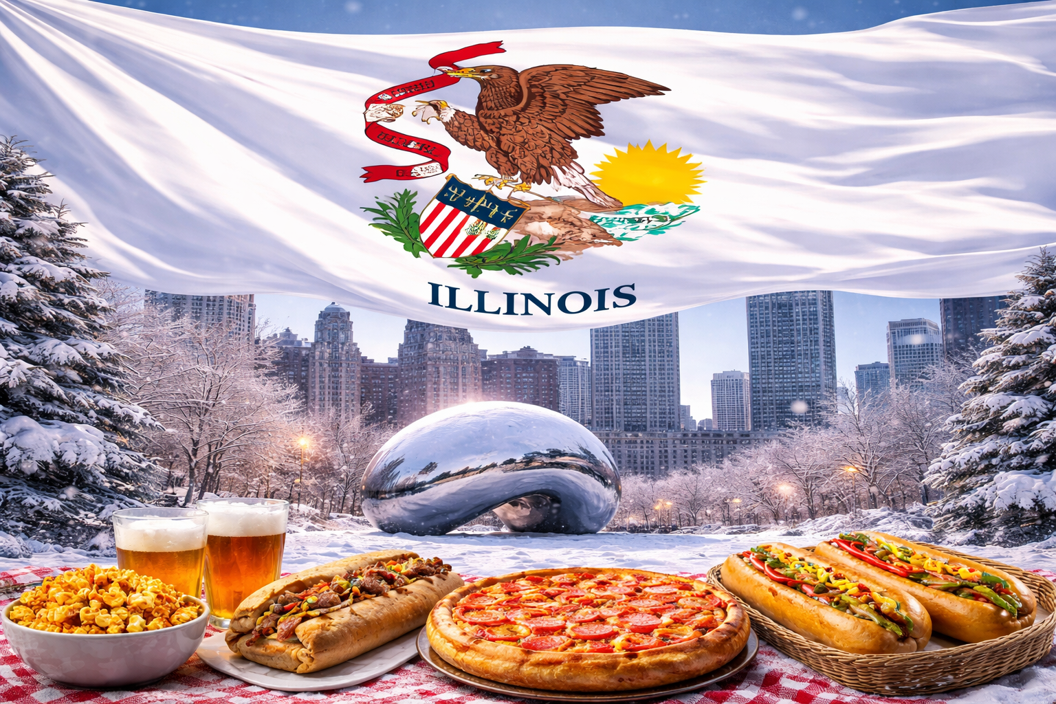 Hyperrealistic 4K image of the Illinois state flag flowing dynamically across the top of the frame without a pole, set against a snowy Chicago scene featuring Cloud Gate (The Bean), the city skyline, and a cold, windy winter atmosphere.