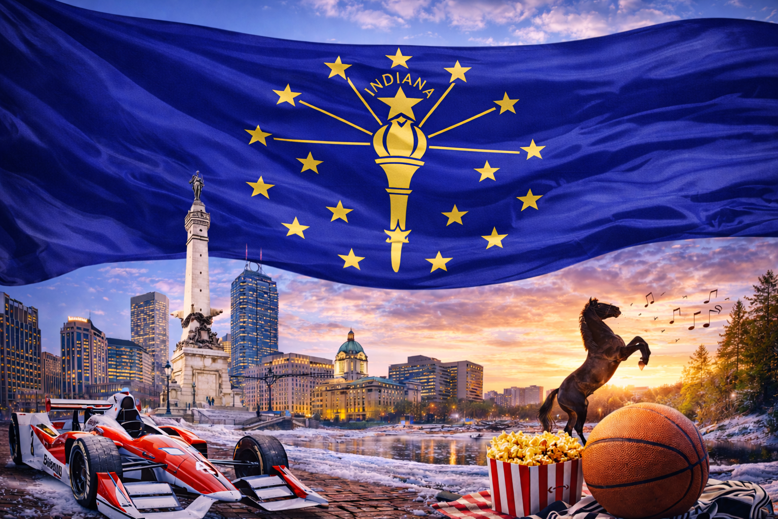 Hyperrealistic 4K landscape image of the Indiana state flag enlarged and flowing dynamically across the upper portion of the frame without a pole, set against downtown Indianapolis featuring Monument Circle and the Soldiers and Sailors Monument, with cultural elements including an Indy race car, basketball, and subtle entertainment accents.