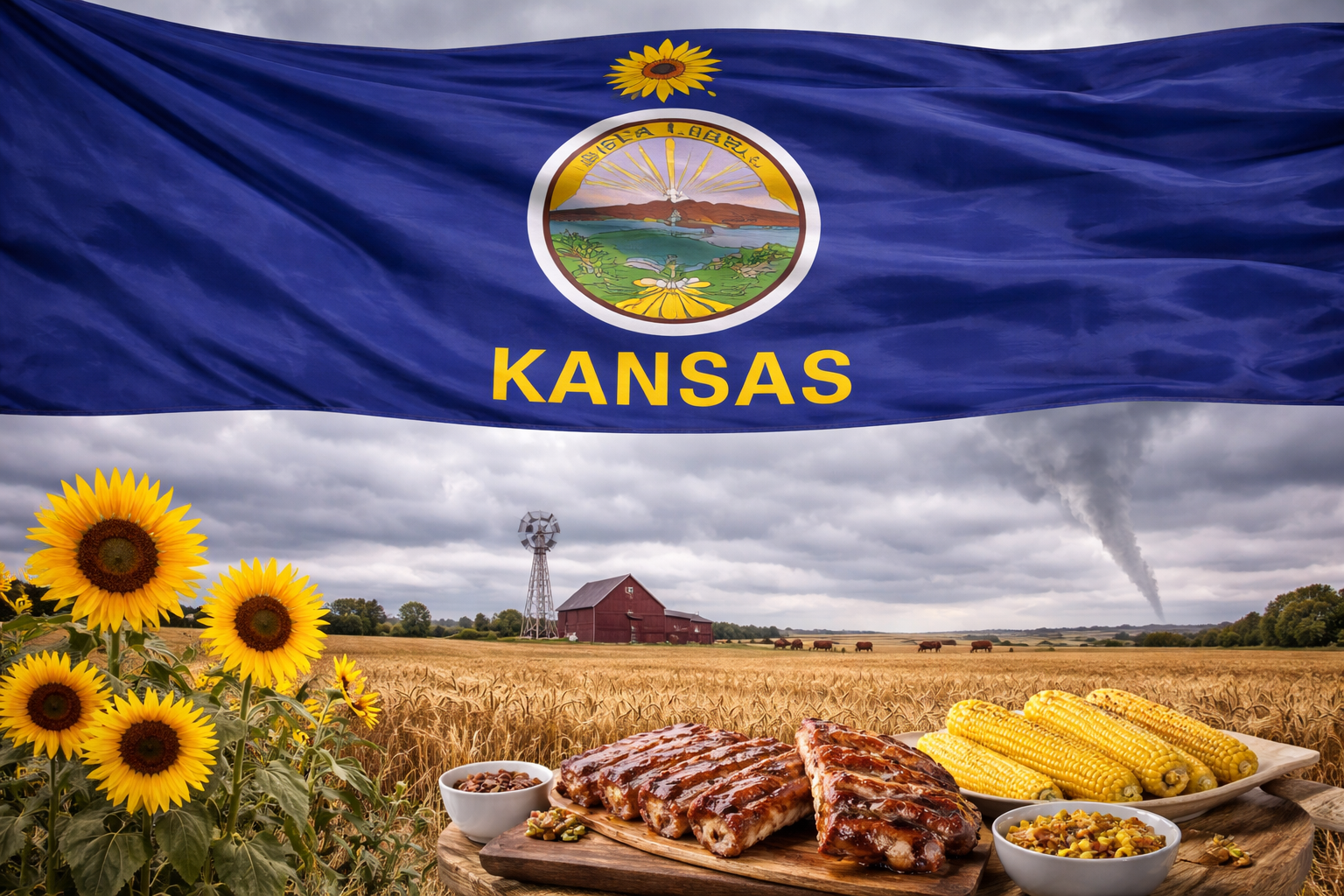 Hyperrealistic 4K image of the Kansas state flag flowing dynamically across the top of the frame without a pole, set against an overcast prairie landscape featuring wheat fields, sunflowers, a red barn, windmill, and a distant tornado under a cloudy sky.