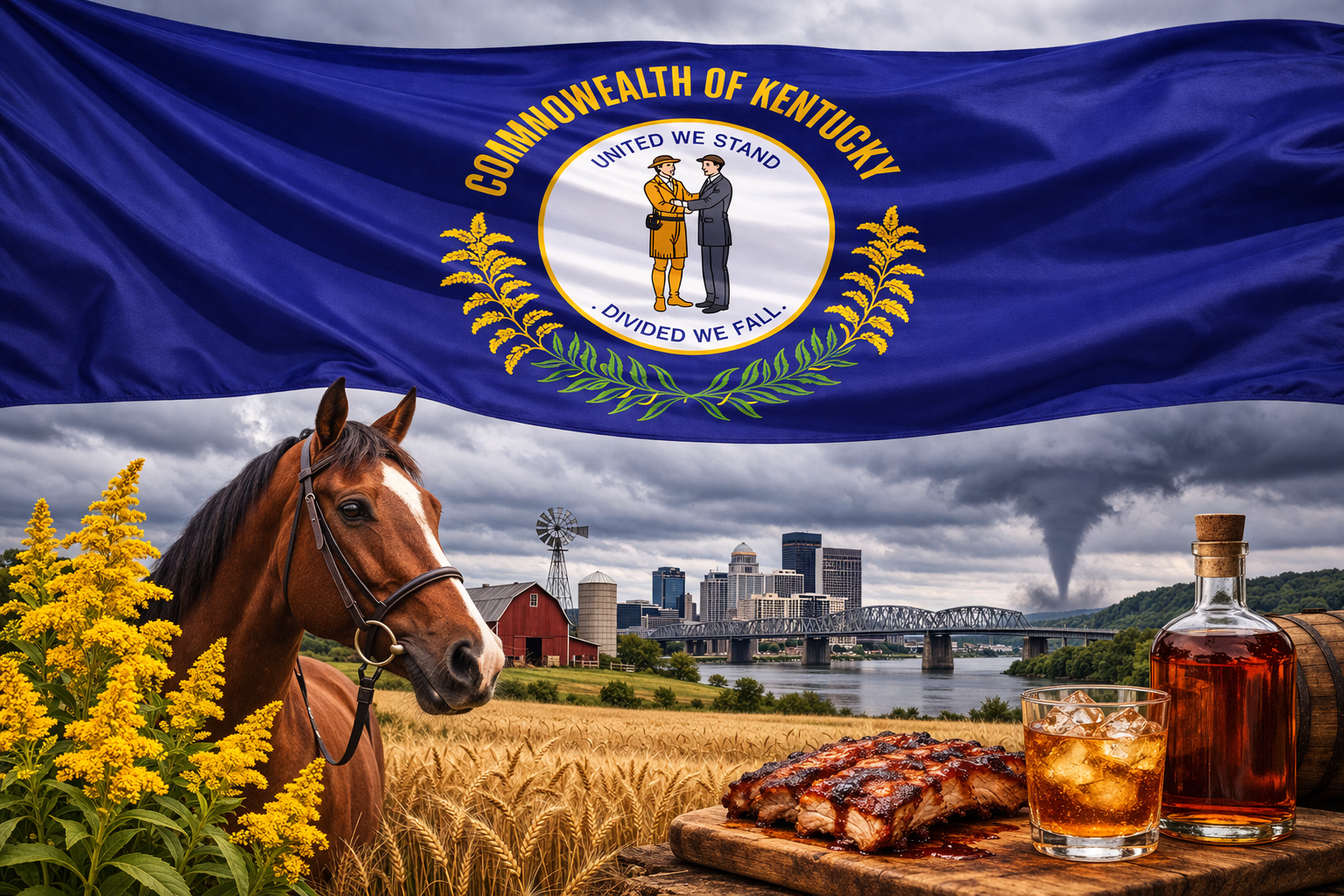 Hyperrealistic 4K image of the Kentucky state flag flowing dynamically across the top of the frame without a pole, set against a scenic landscape featuring a Thoroughbred horse, goldenrod flowers, the Louisville skyline, and a bourbon display under a cloudy sky.