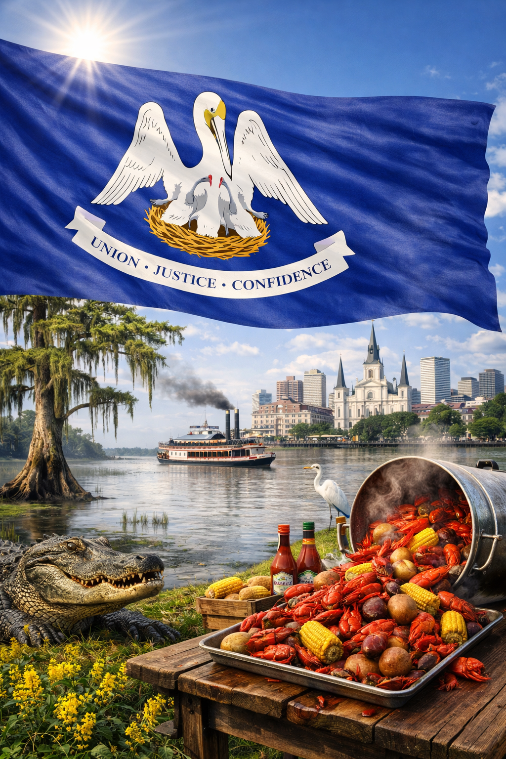Hyperrealistic 4K image of the Louisiana state flag flowing dynamically across the top of the frame without a pole, set against a bright sunny bayou scene featuring a steamboat, St. Louis Cathedral, New Orleans skyline, an alligator, and a crawfish boil.