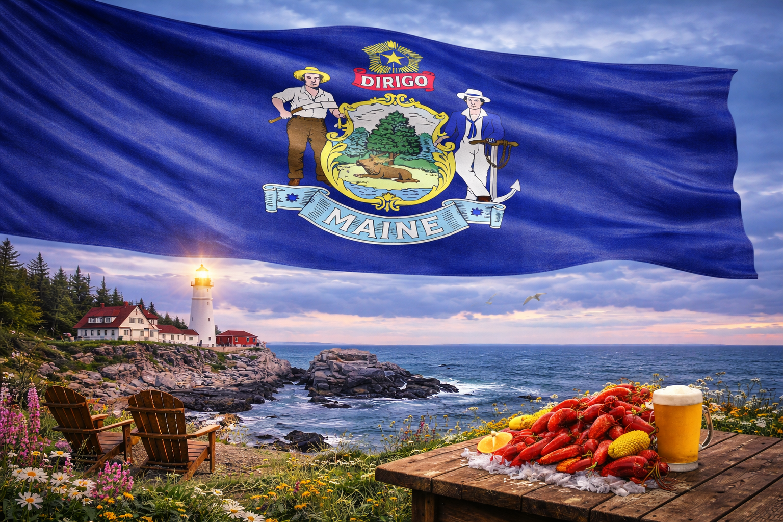 Hyperrealistic 4K landscape image of the Maine state flag flowing dynamically across the top of the frame without a pole, enlarged and set against a mostly cloudy coastal scene featuring Portland Head Light lighthouse casting a warm glow over a rocky shoreline and ocean waves.