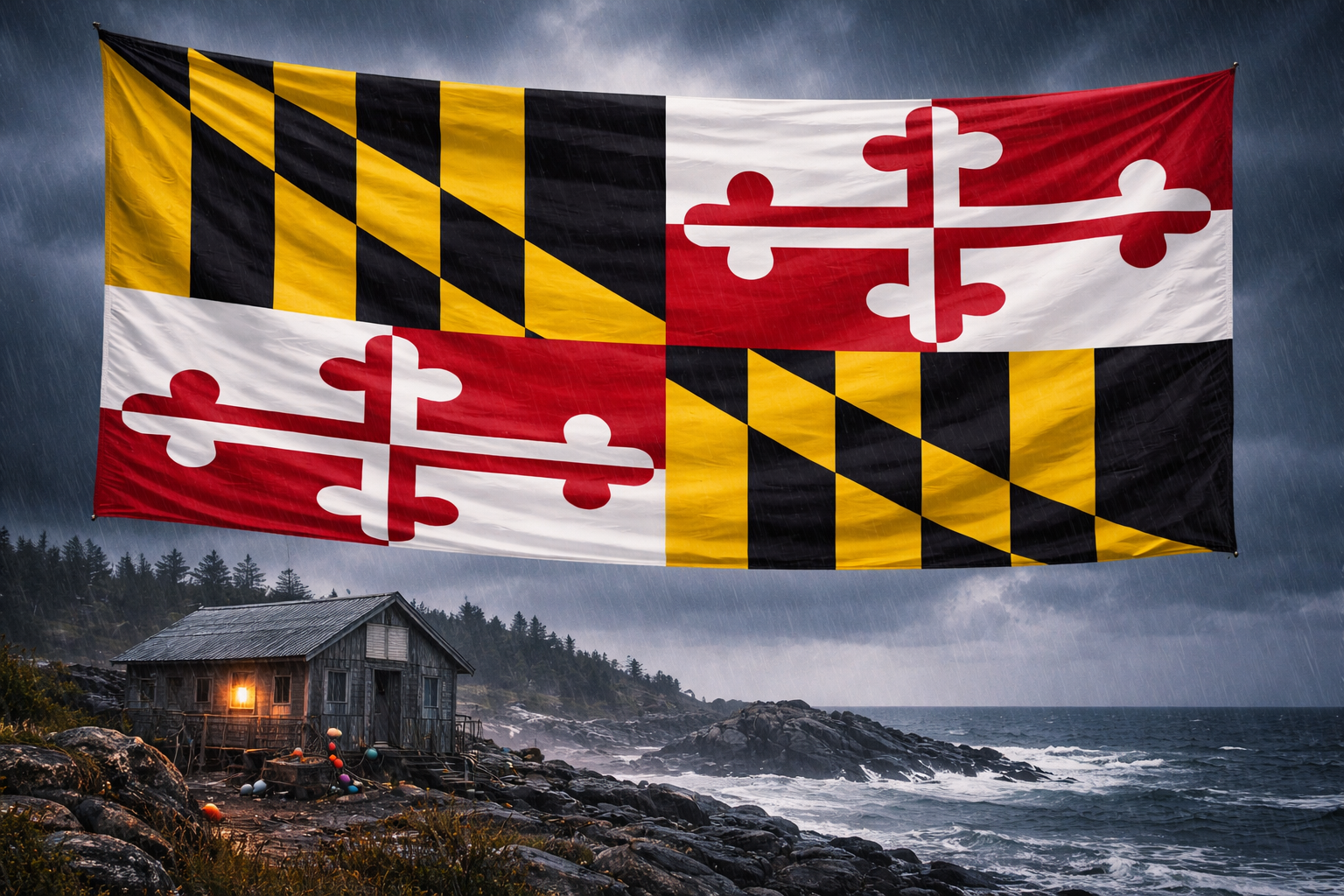 Hyperrealistic 4K landscape image of the Maryland state flag centered and dominating the frame, flowing dynamically in heavy rain without a pole, set against a rugged coastal scene with crashing waves and a small weathered fishing shack glowing warmly from within.