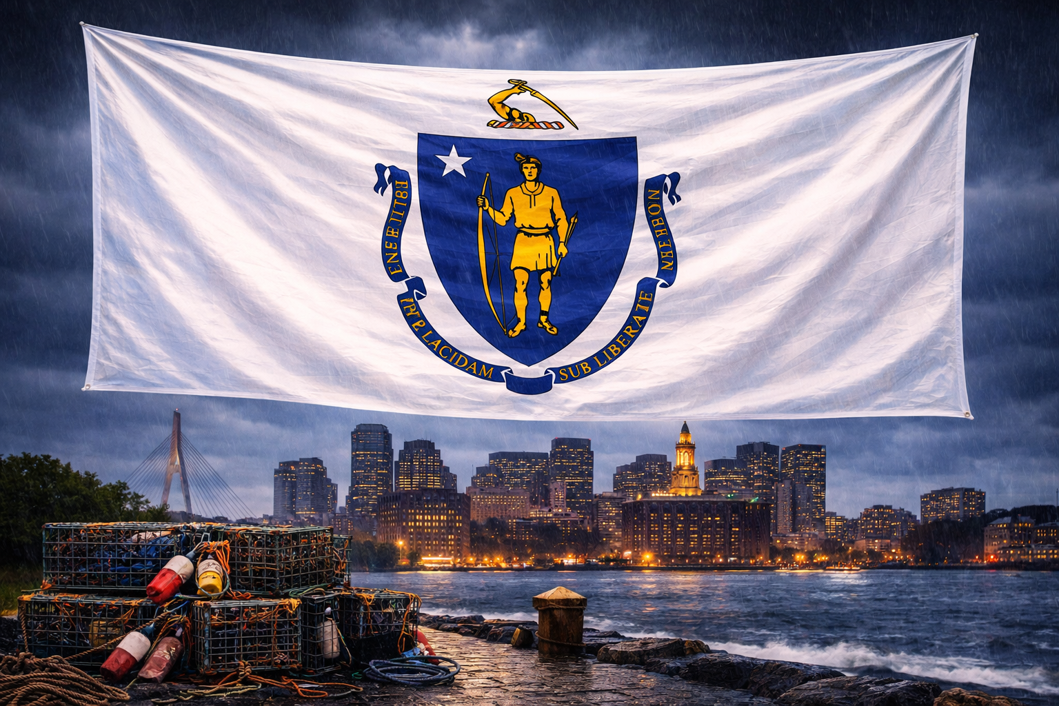 Hyperrealistic 4K landscape image of the Massachusetts state flag centered and dominating the frame, flowing dynamically in heavy rain without a pole, set against a Boston waterfront scene featuring the Zakim Bridge, Custom House Tower, and illuminated skyline with lobster traps along a wet cobblestone shoreline.