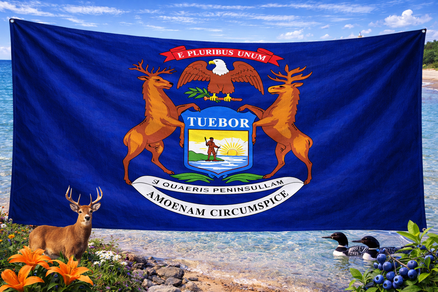 Hyperrealistic 4K landscape image of the Michigan state flag centered and dominating approximately 70% of the frame, flowing dynamically without a pole, set against a bright, clear lakeside scene featuring turquoise Great Lakes water, a white-tailed deer, loons on the water, and native Michigan wildflowers and blueberries.
