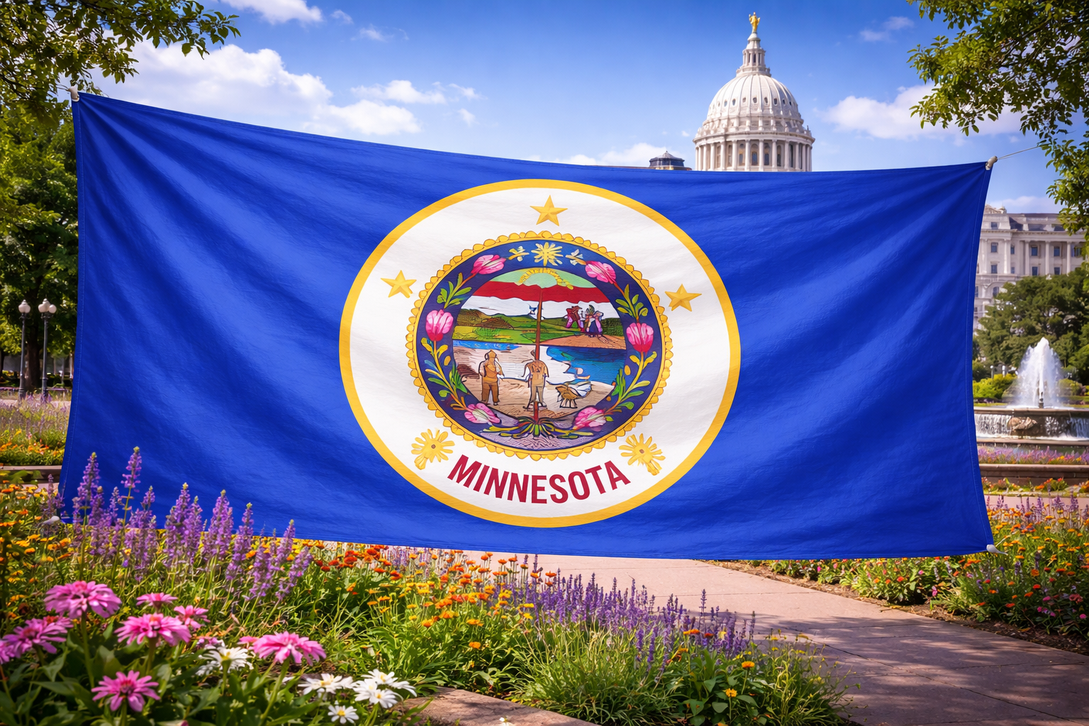 Hyperrealistic 4K landscape image of the Minnesota state flag centered and dominating approximately 70% of the frame, flowing dynamically without a pole, set against a bright scene featuring the Minnesota State Capitol, landscaped gardens, and colorful native flowers.