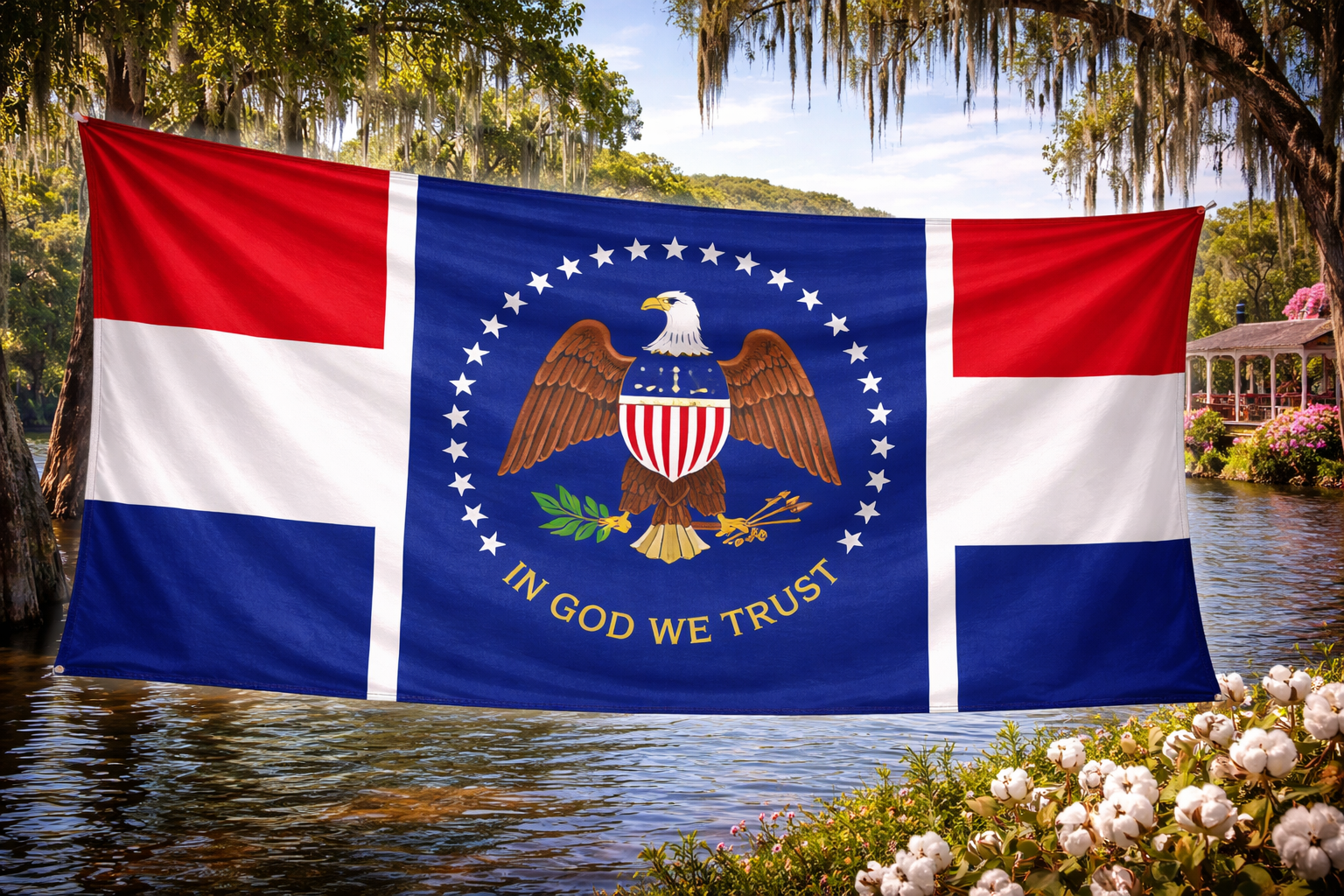 Hyperrealistic 4K landscape image of the Mississippi state flag centered and dominating approximately 70% of the frame, flowing dynamically without a pole, set against a bright Southern river scene featuring the Mississippi River, cypress trees with Spanish moss, cotton plants, and a riverside gazebo.