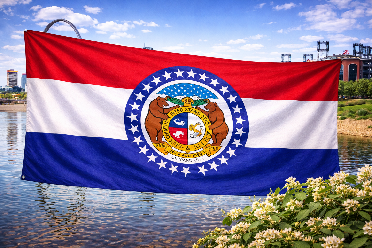 Hyperrealistic 4K landscape image of the Missouri state flag centered and dominating approximately 70% of the frame, flowing dynamically without a pole, set against a bright St. Louis riverfront scene featuring the Gateway Arch, skyline, and Mississippi River with Amur honeysuckle in the foreground.