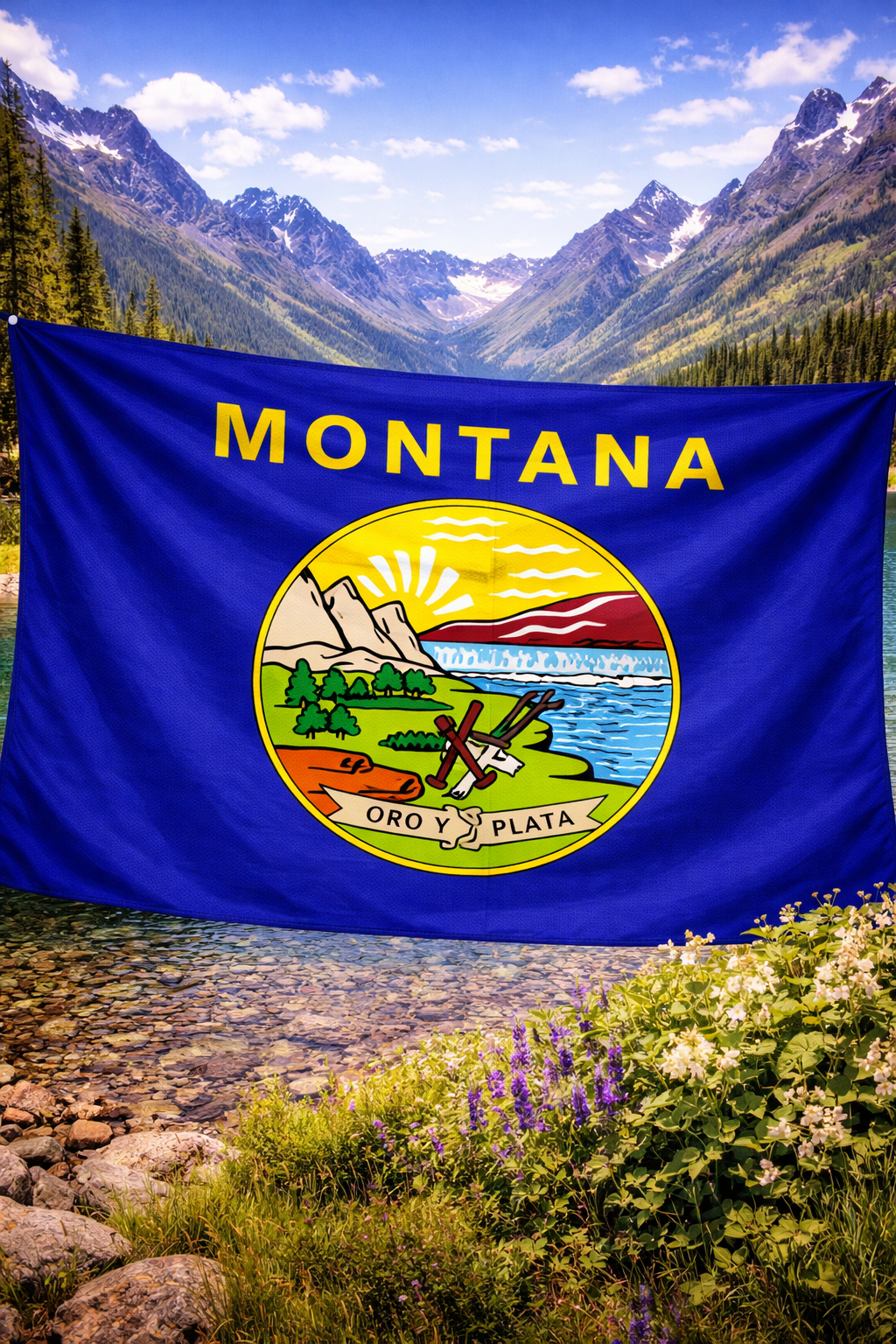 Hyperrealistic 4K landscape image of the Montana state flag centered and positioned toward the lower portion of the frame, dominating approximately 70% of the image, flowing dynamically without a pole, set against a bright alpine scene featuring expansive Rocky Mountain peaks, a turquoise lake, and wildflowers.