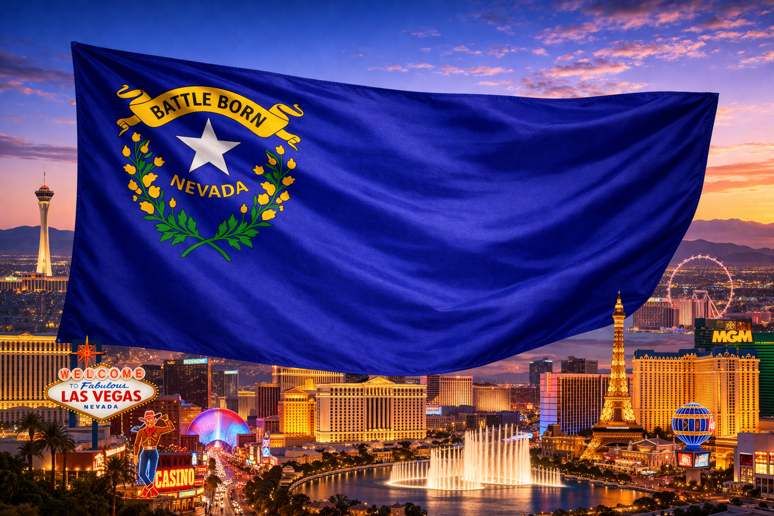 Hyperrealistic 4K landscape image of the Nevada state flag enlarged and flowing dynamically across approximately 70% of the frame, with a smooth, natural lower-right edge, set against the illuminated Las Vegas Strip featuring the Bellagio fountains, Eiffel Tower replica, and skyline at dusk.