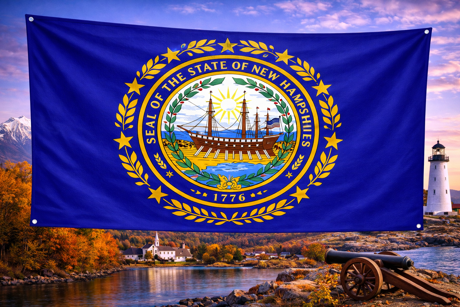Hyperrealistic 4K landscape image of the New Hampshire state flag centered and dominating approximately 70% of the frame, flowing dynamically with all four sharp rectangular corners visible, set against a vibrant autumn New England scene featuring Mount Washington, a lakeside village, and a coastal lighthouse.