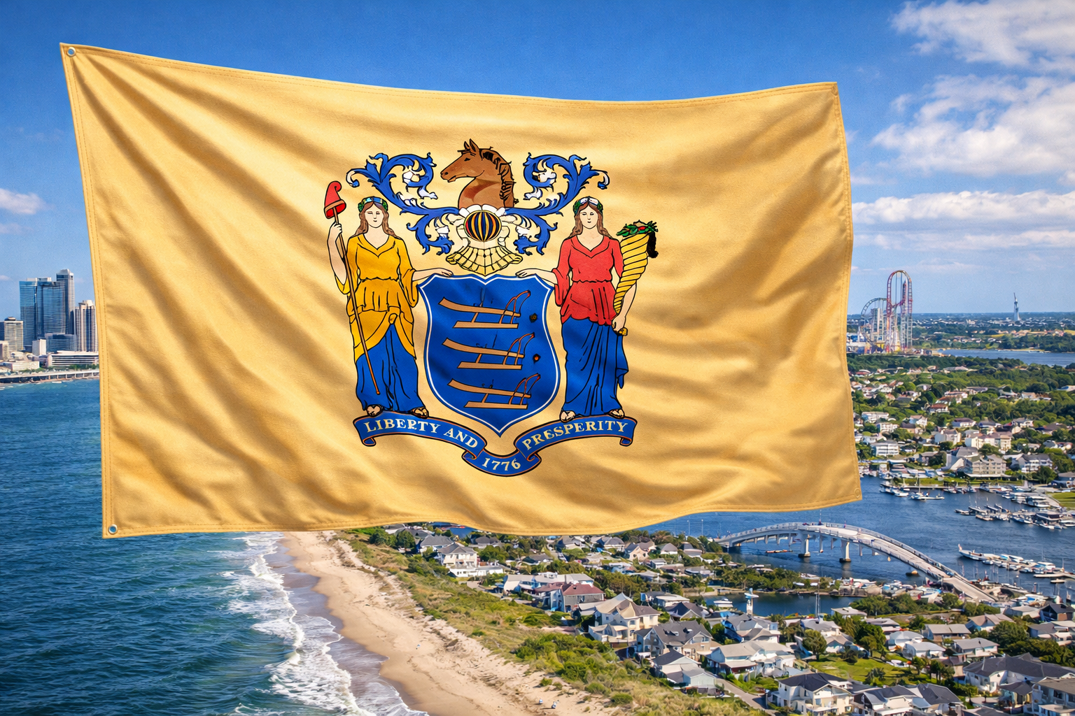Hyperrealistic 4K landscape image of the New Jersey state flag centered and dominating approximately 70% of the frame, flowing dynamically without a pole, set against a bright daylight coastal scene featuring Atlantic City skyline, a Six Flags roller coaster, and Toms River waterfront with a drawbridge and marinas.