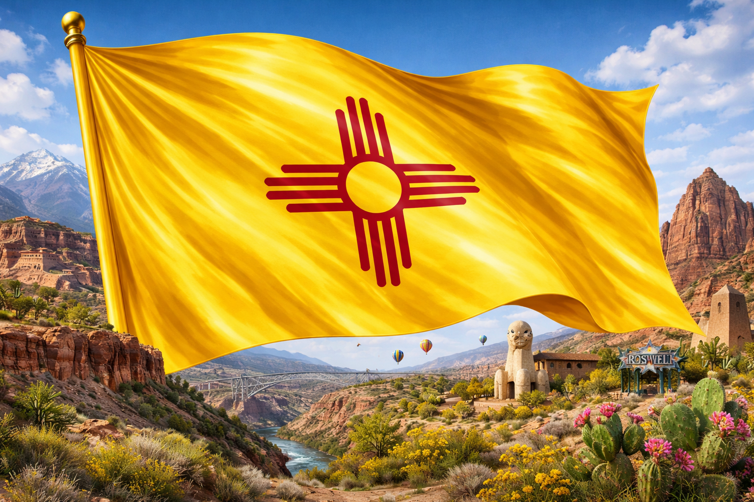 Hyperrealistic 4K landscape image of the New Mexico state flag centered and dominating approximately 70% of the frame, flowing dynamically with a rich golden texture, set against a desert landscape featuring red rock formations, a river canyon, adobe structures, hot air balloons, and cacti.