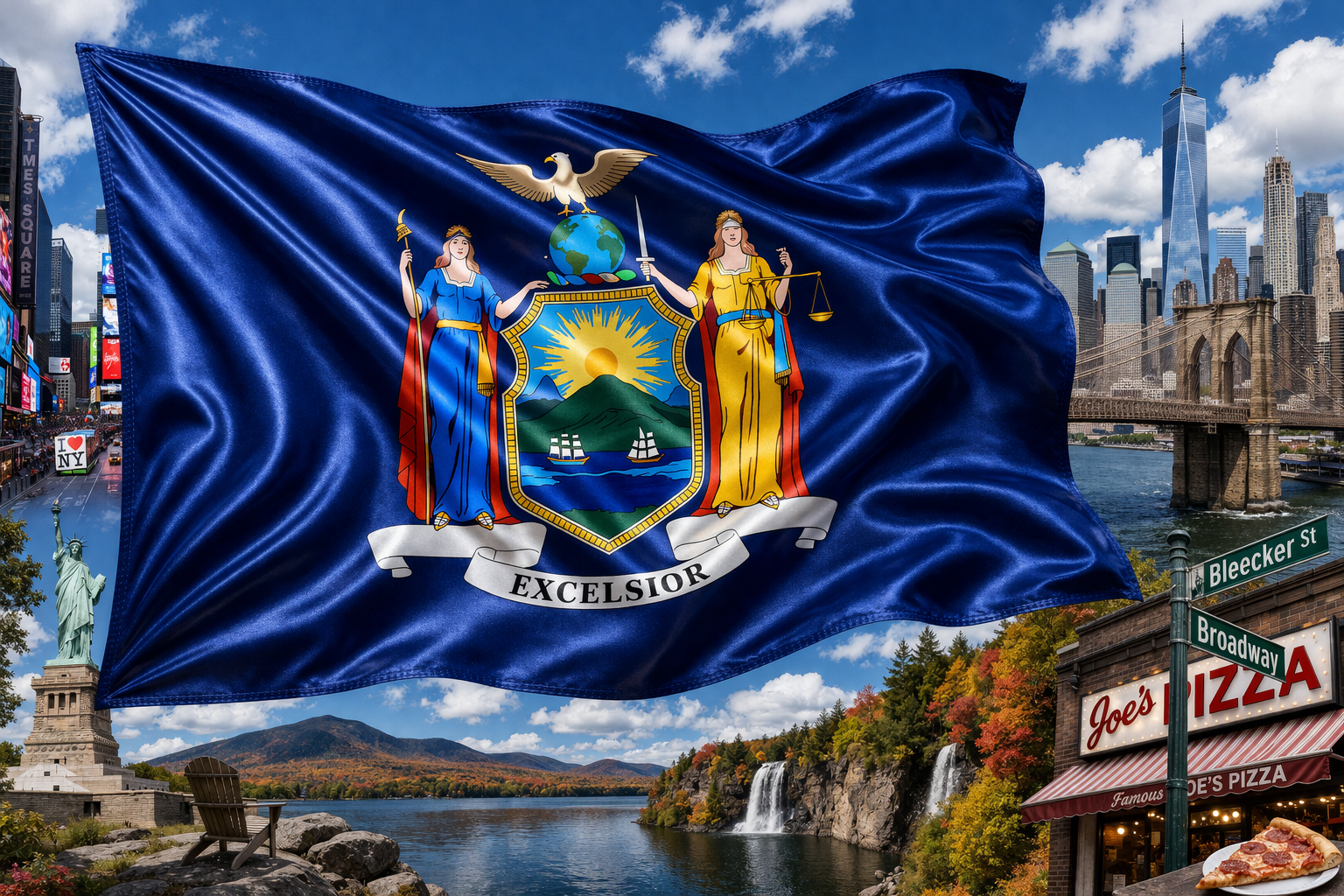 Hyperrealistic 4K landscape image of the New York state flag centered and dominating approximately 70% of the frame, flowing dynamically with a glossy, reflective texture, set against a bright daylight composite of New York City landmarks including the Statue of Liberty, Brooklyn Bridge, Times Square, and upstate scenery with waterfalls and greenery.