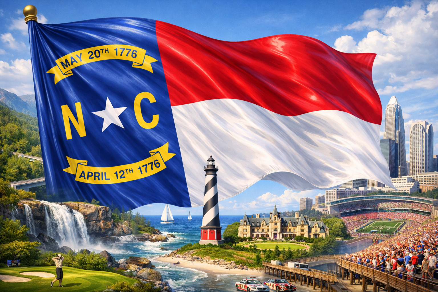 Hyperrealistic 4K landscape image of the North Carolina state flag enlarged and dominating approximately 70% of the frame, flowing dynamically with a glossy, vibrant finish, set against a bright coastal and mountain scene featuring the Blue Ridge Mountains, Cape Hatteras Lighthouse, Biltmore Estate, Charlotte skyline, and a packed football stadium.