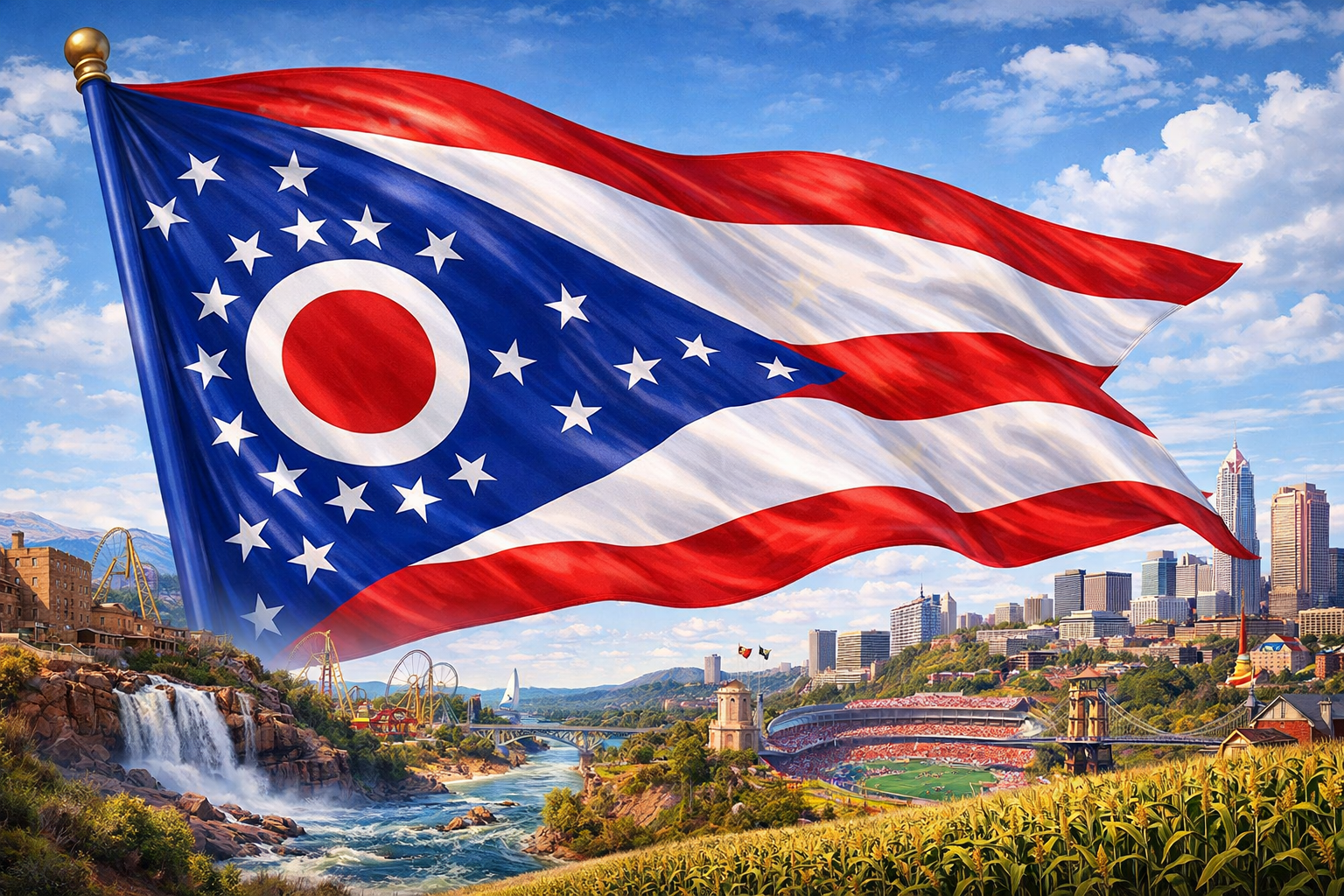 Hyperrealistic 4K landscape image of the Ohio state flag enlarged to dominate approximately 70% of the frame, featuring its unique swallowtail design flowing dynamically, set against a bright scene with Cedar Point amusement park, a waterfall and river, a packed football stadium, city skyline, and farmland.