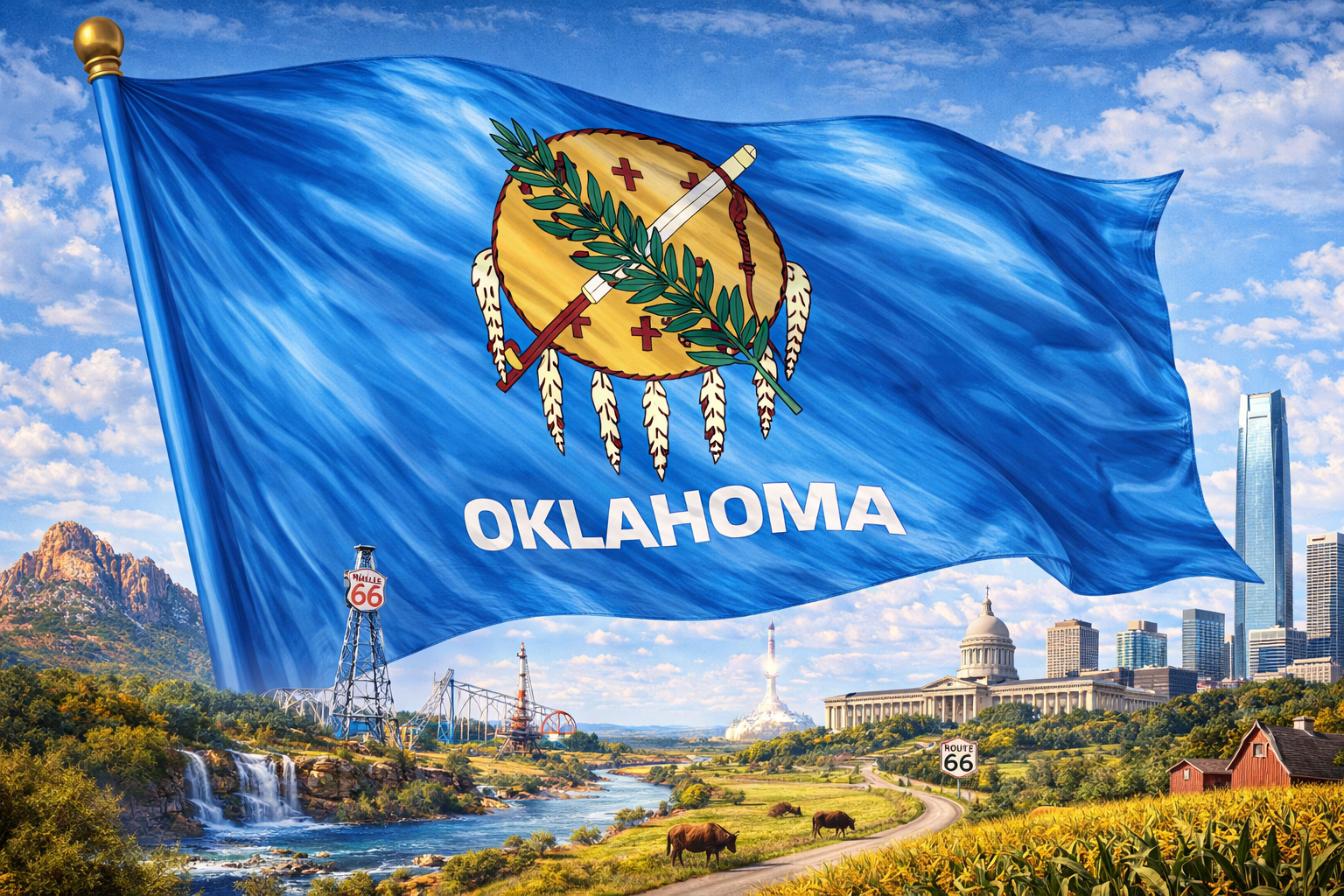 Hyperrealistic 4K landscape image of the Oklahoma state flag enlarged to dominate approximately 70% of the frame, flowing dynamically with a soft satin texture, set against a bright scene featuring rolling plains, Route 66 elements, oil derricks, a river, bison, and the Oklahoma City skyline.