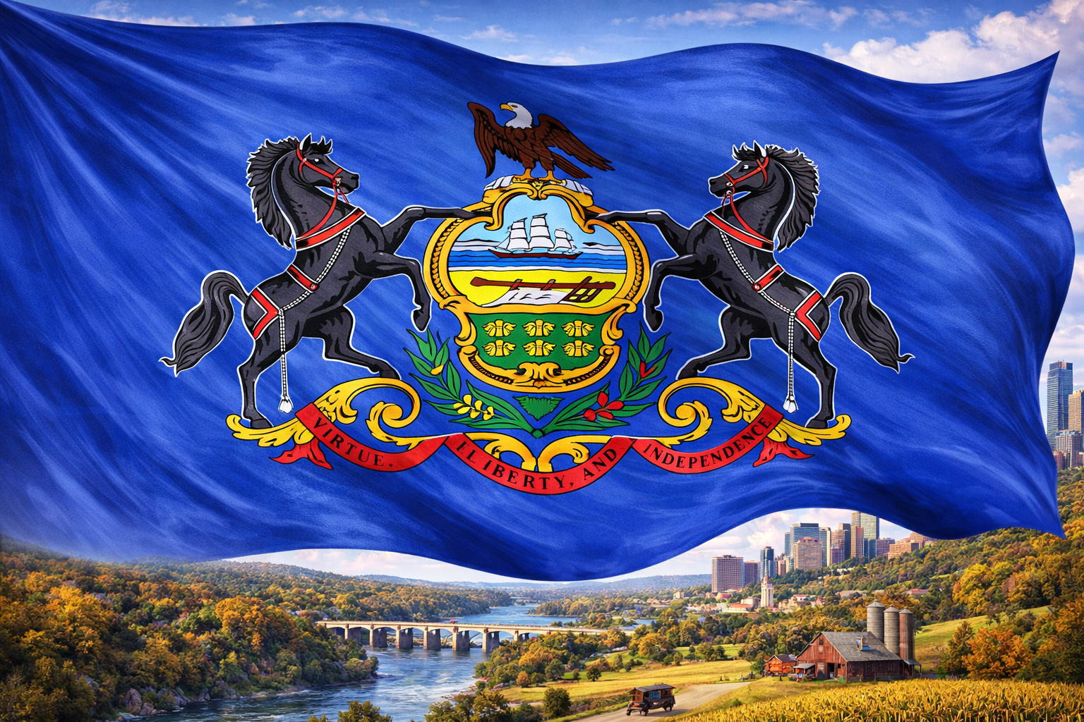 Hyperrealistic 4K landscape image of the Pennsylvania state flag centered and dominating approximately 75% of the frame, flowing dynamically without a pole, set against a bright scene featuring a river valley, historic farmland, bridges, and a distant city skyline.
