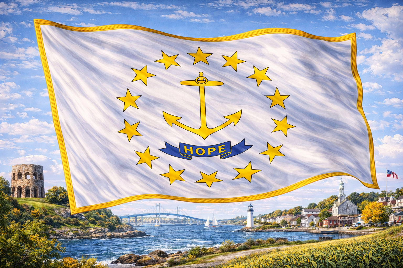 Hyperrealistic 4K landscape image of the Rhode Island state flag centered and dominating approximately 70–75% of the frame, flowing dynamically with gold fringe detail, set against a bright coastal New England scene featuring a lighthouse, harbor, sailboats, Newport Bridge, and historic seaside homes.