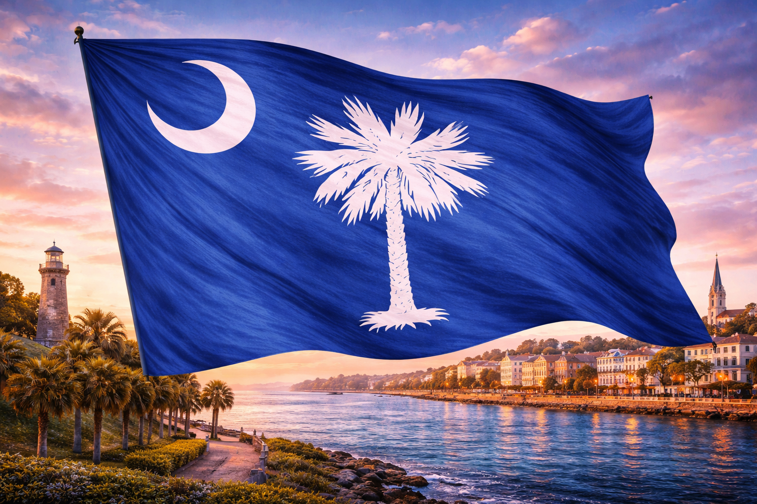 Hyperrealistic 4K landscape image of the South Carolina state flag centered and dominating approximately 70–75% of the frame, flowing dynamically with a smooth satin texture, set against a coastal Charleston scene with palm trees, a lighthouse, historic homes, and calm harbor waters.