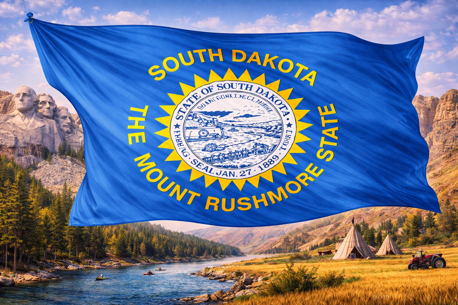 Hyperrealistic 4K landscape image of the South Dakota state flag centered and dominating approximately 70–75% of the frame, flowing dynamically with sharp, corrected lettering and accurate colors, set against an iconic landscape featuring Mount Rushmore, the Badlands, a river with kayakers, bison, and open plains.