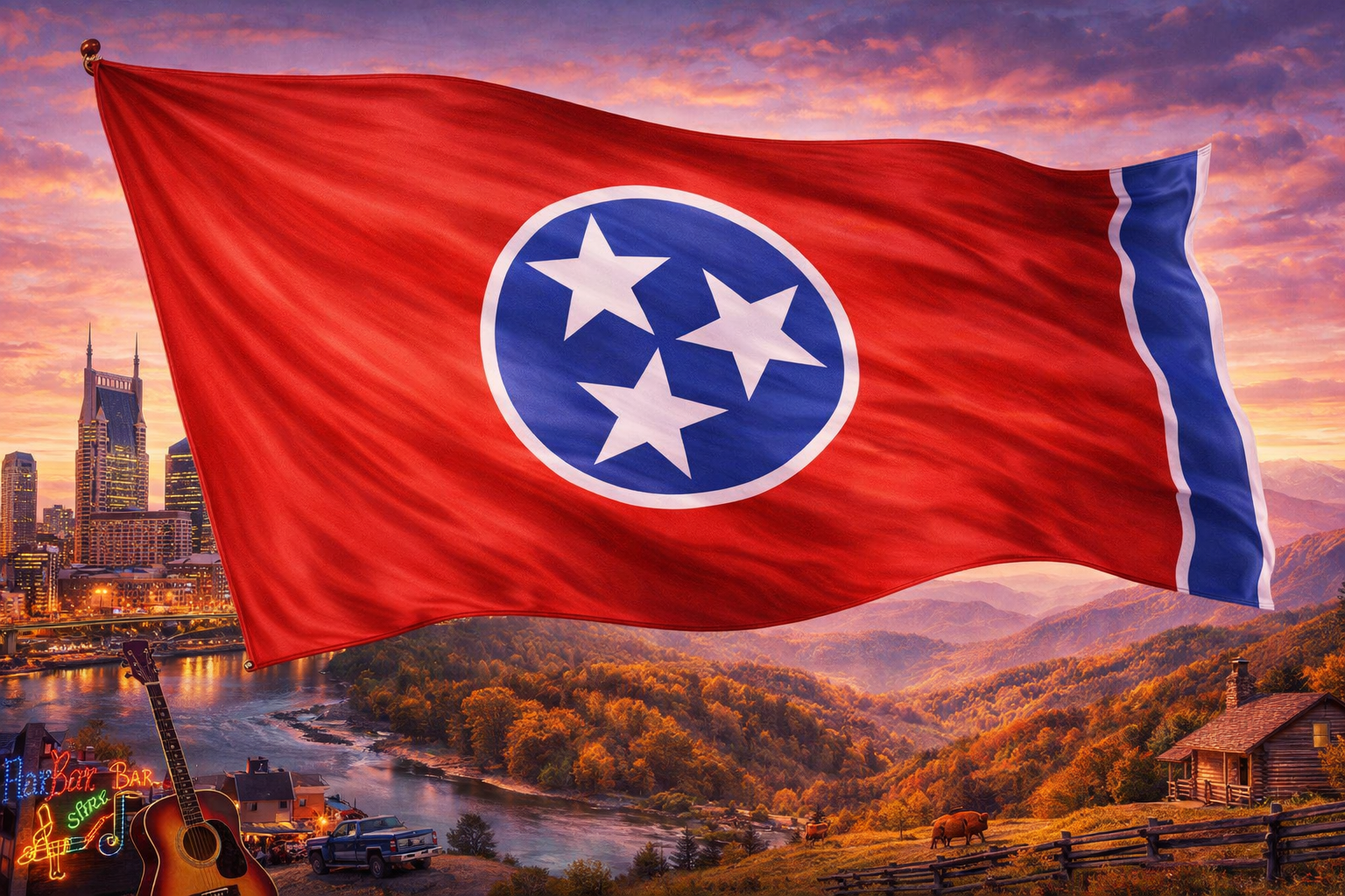Hyperrealistic 4K landscape image of the Tennessee state flag centered and dominating approximately 70–75% of the frame, flowing dynamically with a rich satin texture, set against a scenic blend of Nashville skyline, neon Broadway signs, the Great Smoky Mountains, a river valley, and a rustic cabin.
