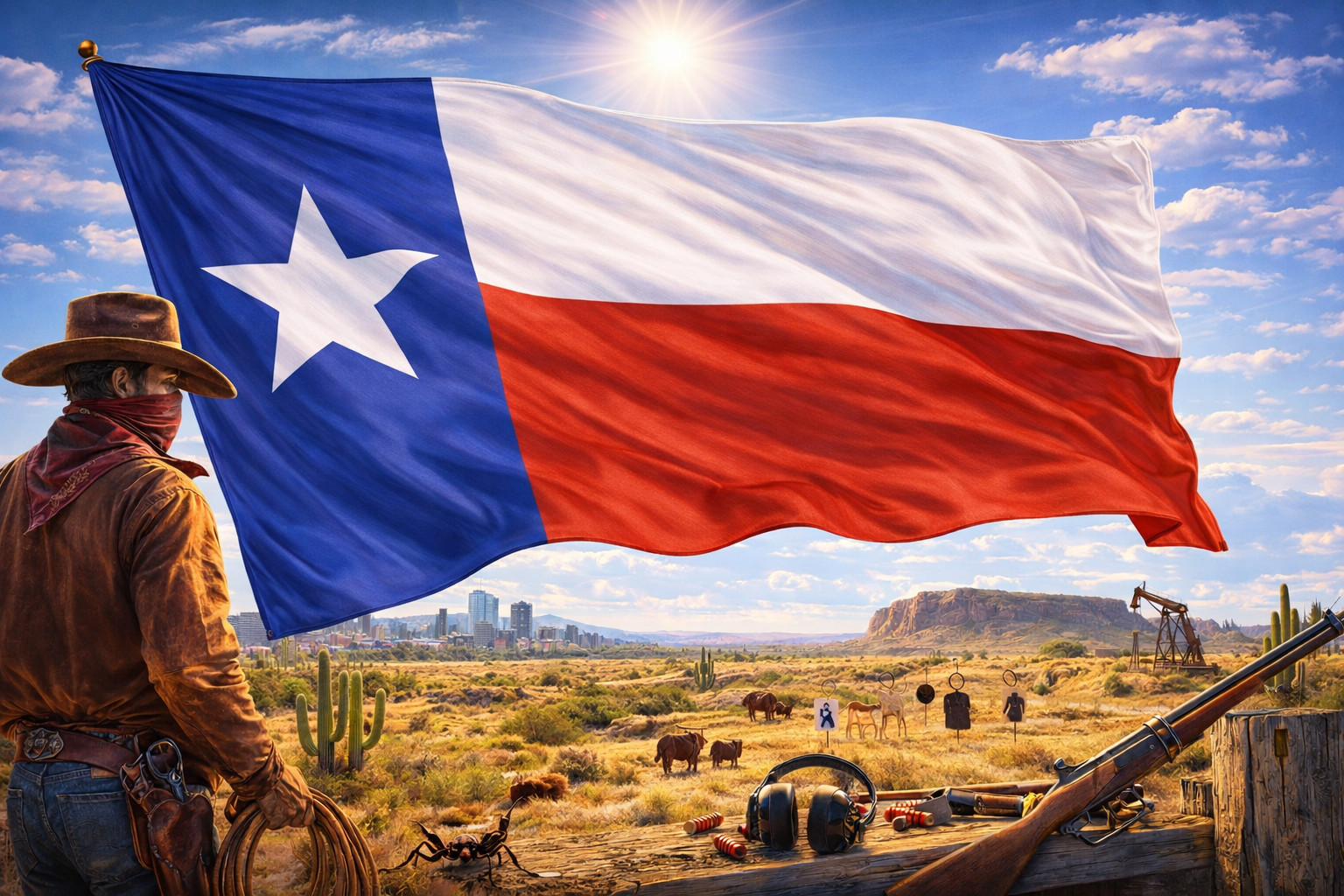 Hyperrealistic 4K landscape image of the Texas state flag centered and dominating approximately 70–75% of the frame, flowing dynamically under bright sunlight, set against a desert scene featuring a cowboy, cattle, cacti, oil pumpjack, gun range setup, and scorpions in the foreground.