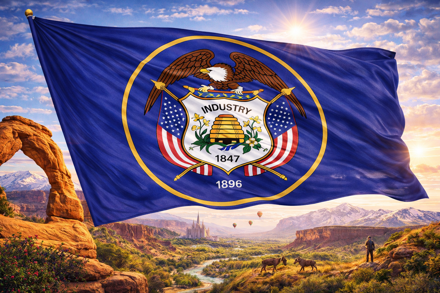 Hyperrealistic 4K landscape image of the Utah state flag centered and dominating approximately 70–75% of the frame, flowing dynamically with a rich blue satin texture, set against a bright desert scene featuring Delicate Arch, red rock formations, snow-capped mountains, a river valley, hot air balloons, and the Salt Lake Temple in the distance.