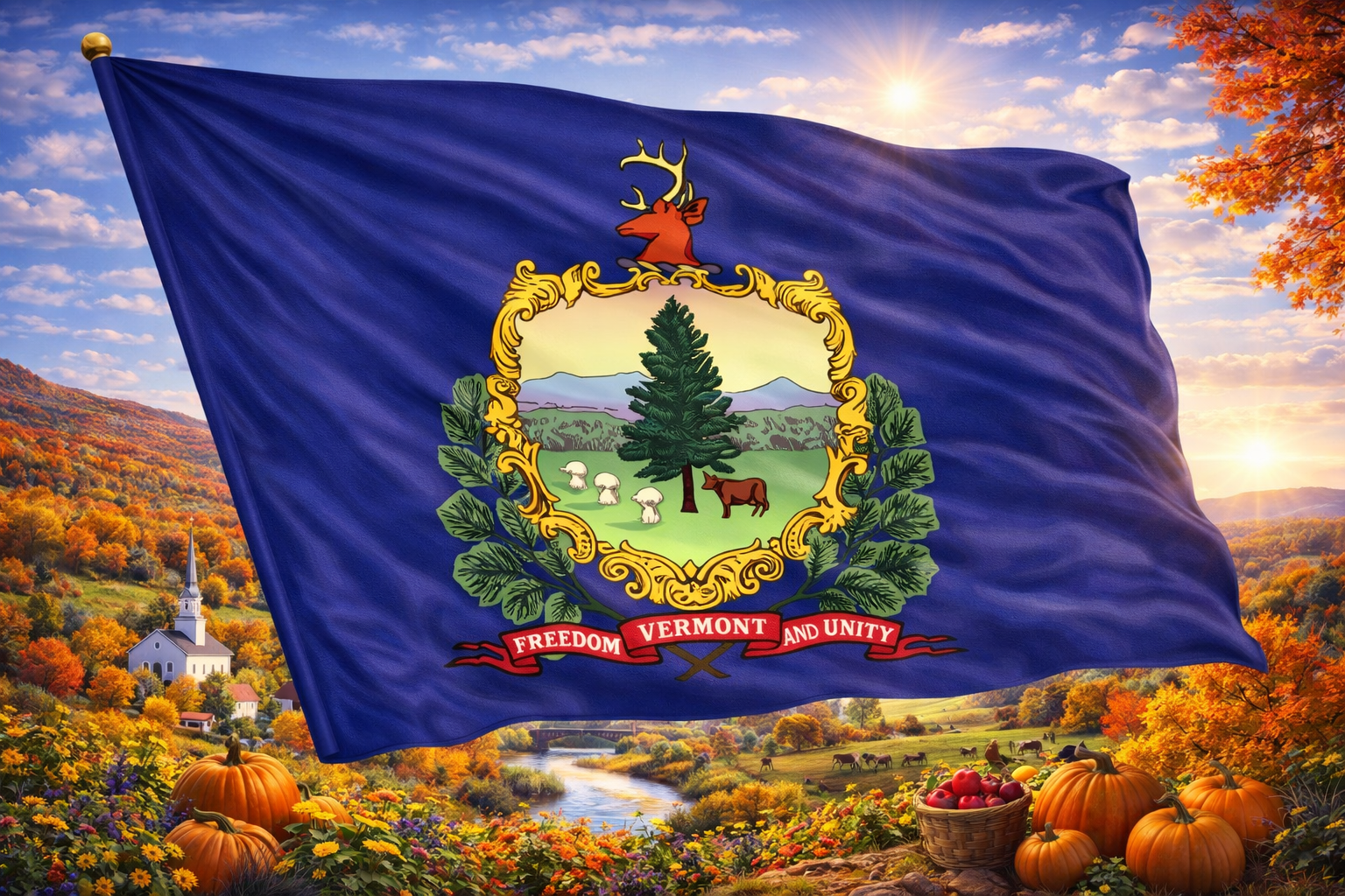 Hyperrealistic 4K landscape image of the Vermont state flag centered and dominating approximately 70–75% of the frame, flowing dynamically under warm golden sunlight, set against a scenic autumn countryside featuring the Green Mountains, a white church, a winding river, grazing cows, pumpkins, and vibrant fall foliage in the foreground.