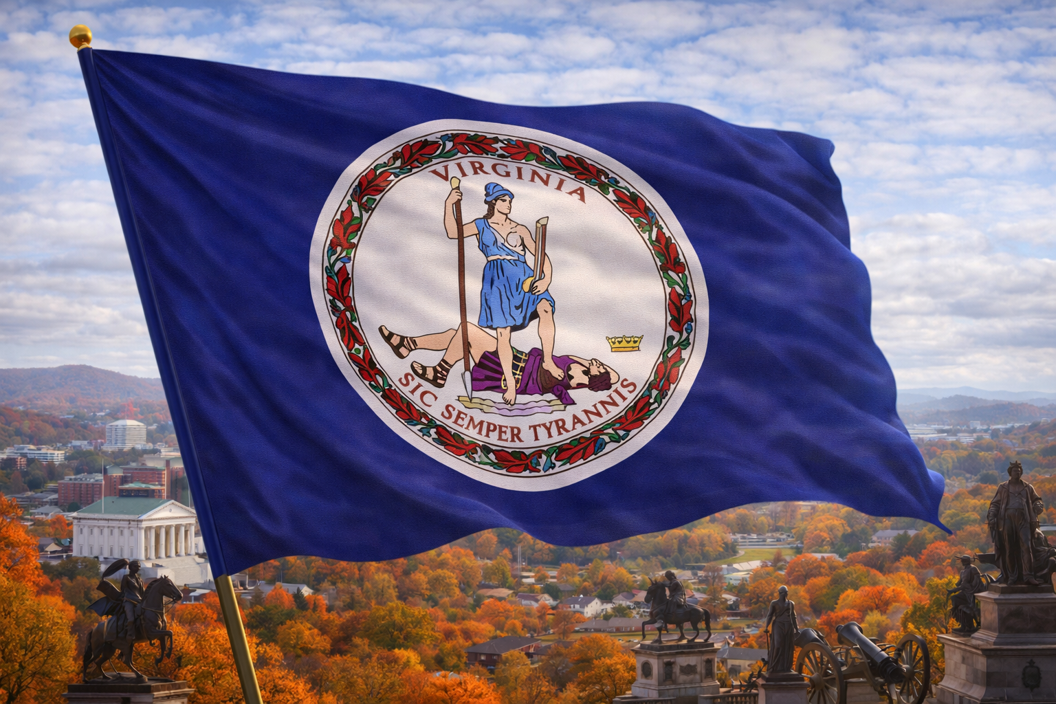 Hyperrealistic 4K landscape image of the Virginia state flag centered and dominating approximately 70–75% of the frame, flowing dynamically under soft daylight, set against a historic Richmond backdrop featuring the Virginia State Capitol, classical statues, rolling hills, and vibrant autumn foliage in the foreground.