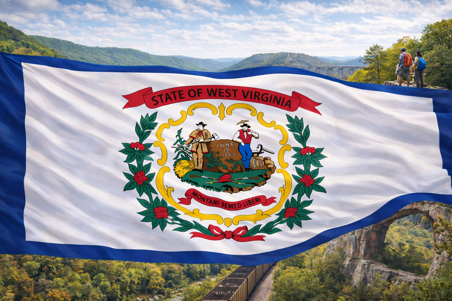 Hyperrealistic 4K landscape image of the West Virginia state flag stretched from the far left to the far right of the frame, flowing dynamically under bright daylight, set against a rugged mountain landscape featuring the New River Gorge Bridge, a coal train running through the valley, forested Appalachian mountains, rocky cliffs, and hikers overlooking the scenic terrain.