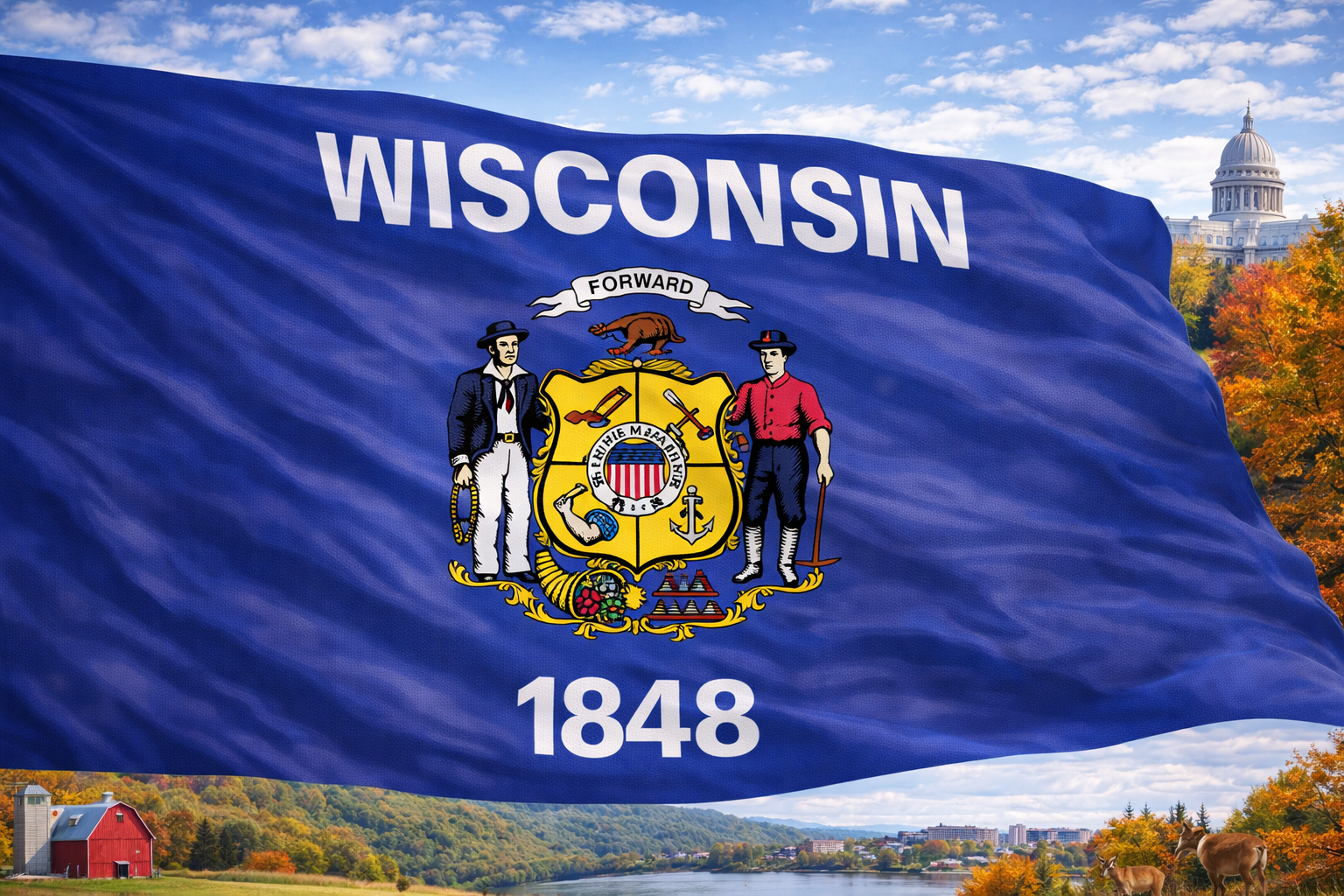 Hyperrealistic 4K landscape image of the Wisconsin state flag centered and dominating approximately 70–75% of the frame, flowing dynamically under bright daylight, set against a scenic Midwestern landscape featuring the Wisconsin State Capitol, a red barn, rolling farmland, a tranquil lake, and deer grazing near autumn foliage.